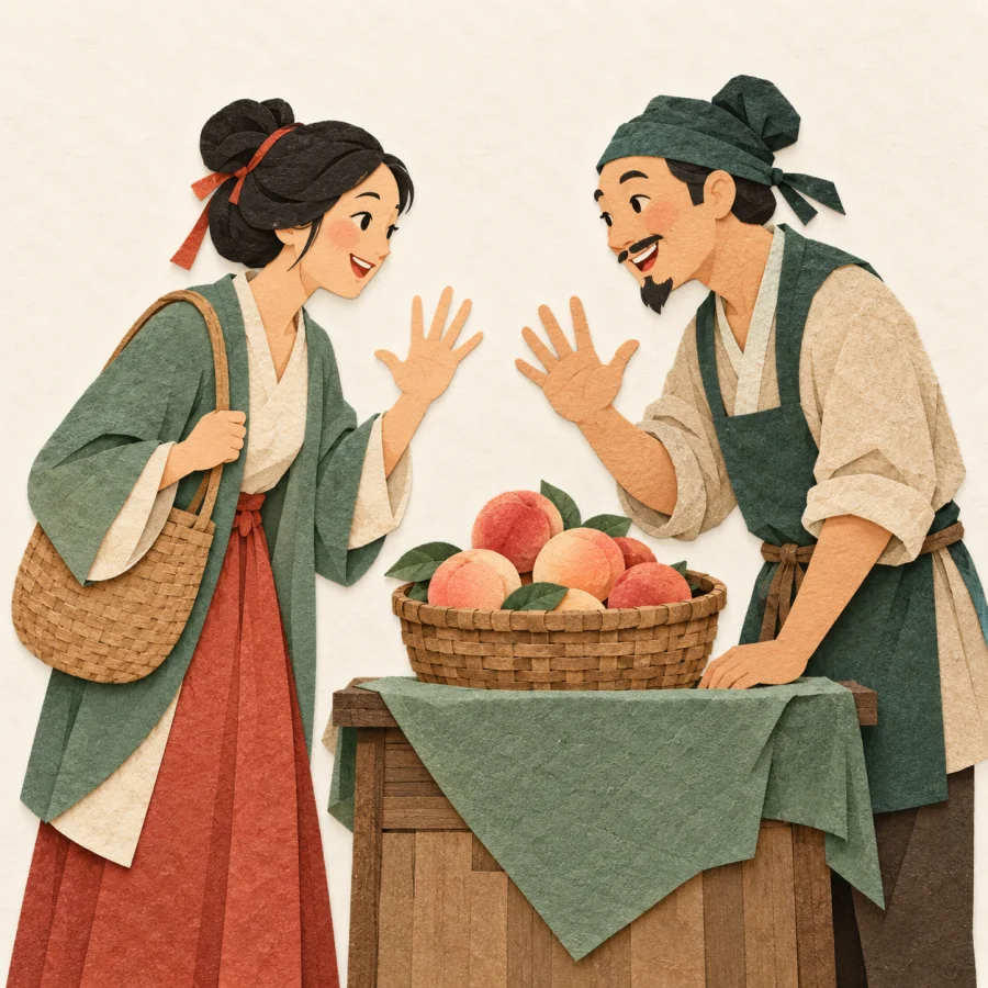 A buyer and a market vendor gesture over a basket of fruit at a stall