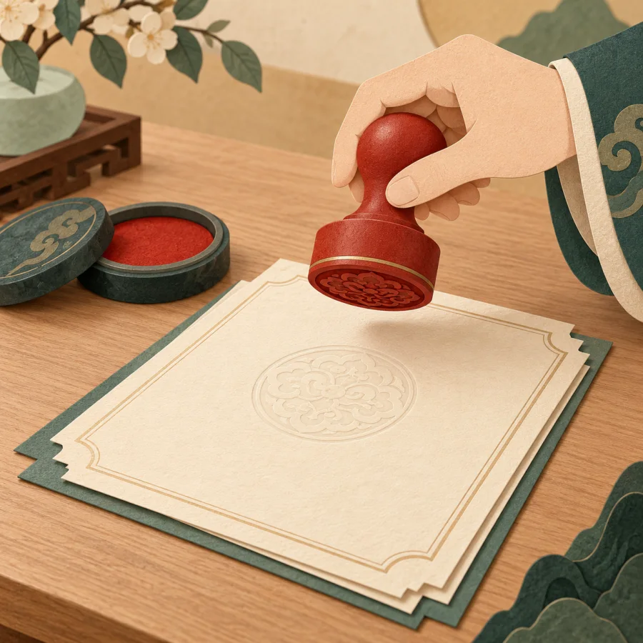 An official document on a desk beside an ink pad and a round red seal