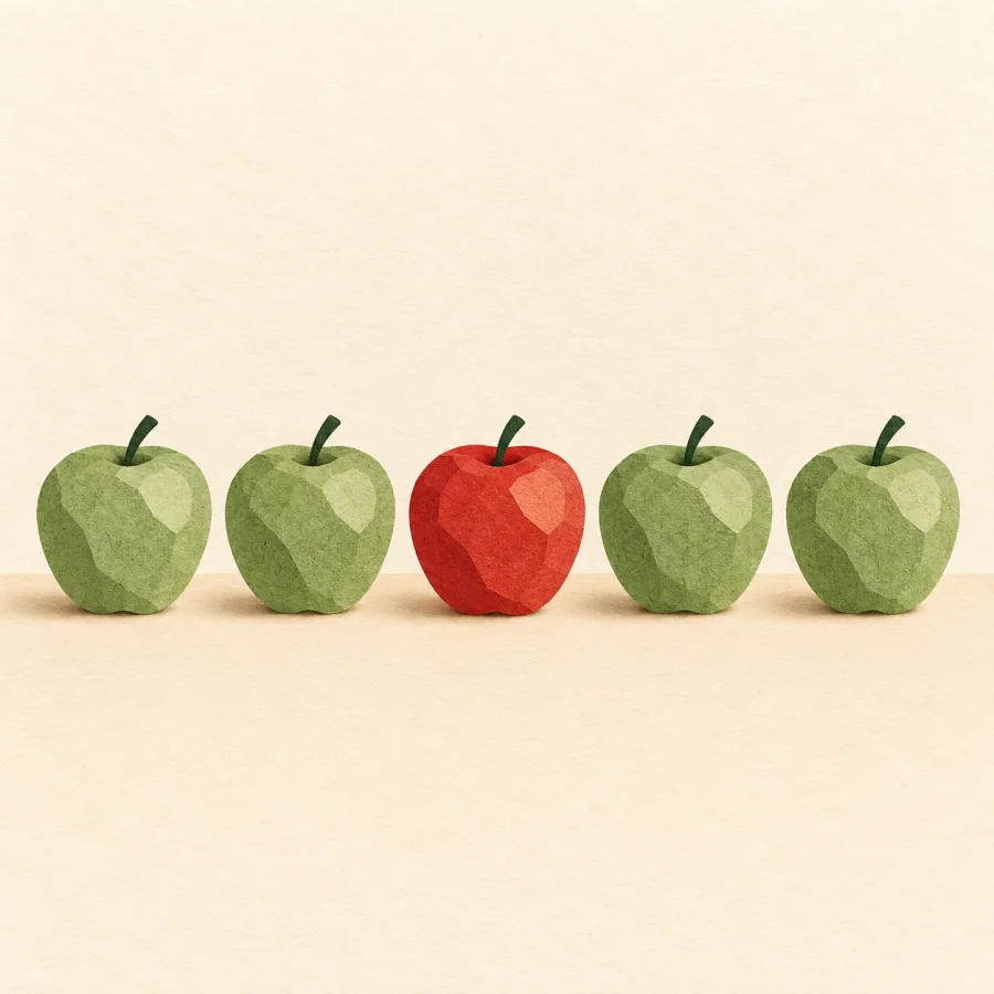 A single red apple standing out among a row of green apples