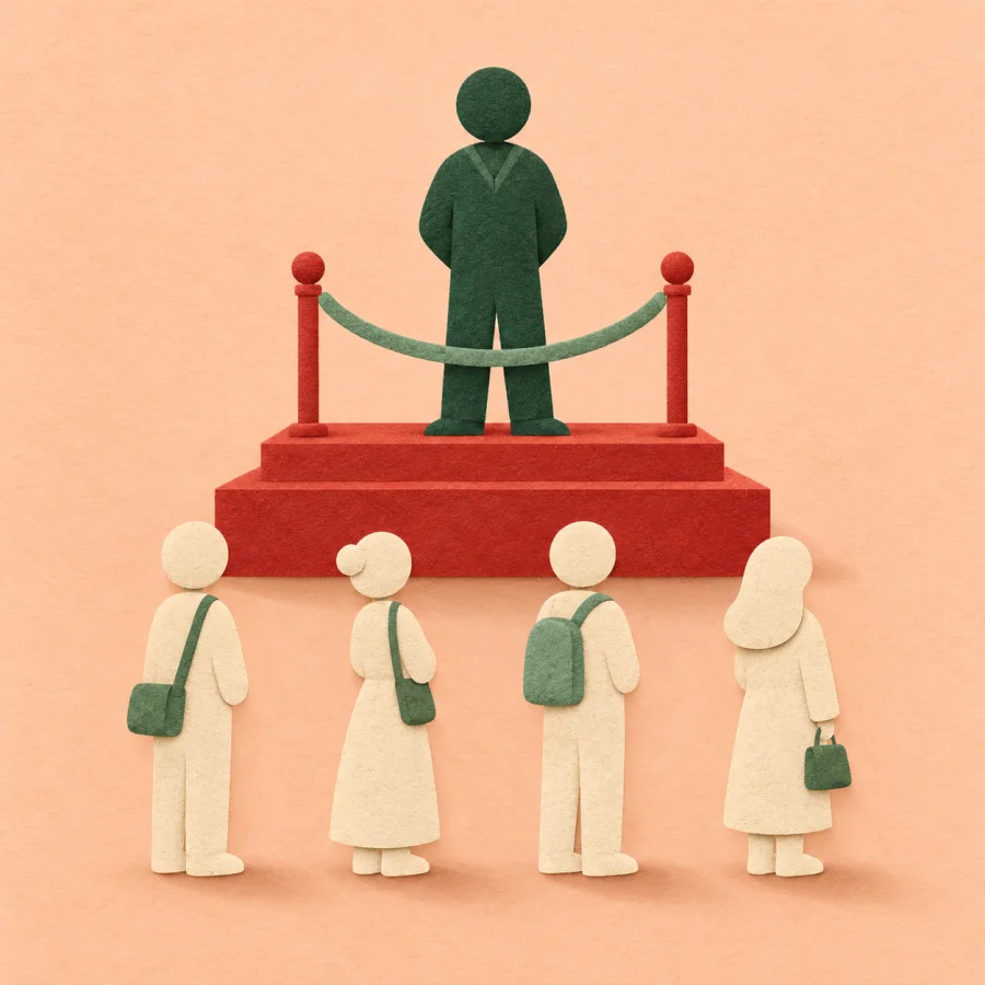 A person on a raised platform behind a rope, people wait below