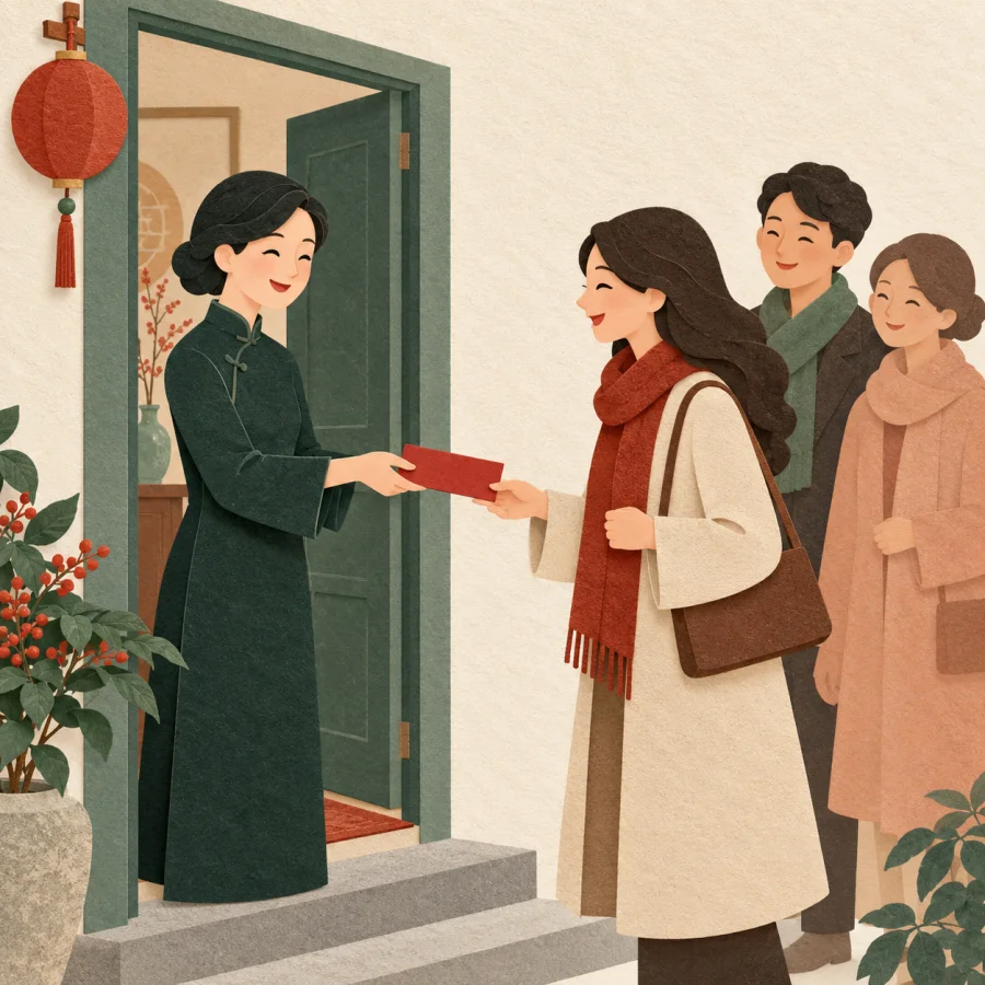 A host hands a red invitation card to a guest at the doorway