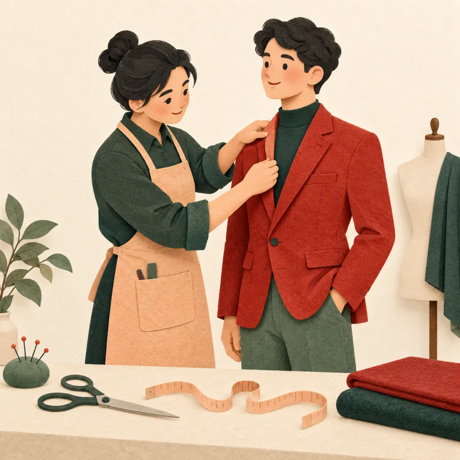 A tailor fits a jacket on one customer in a workshop
