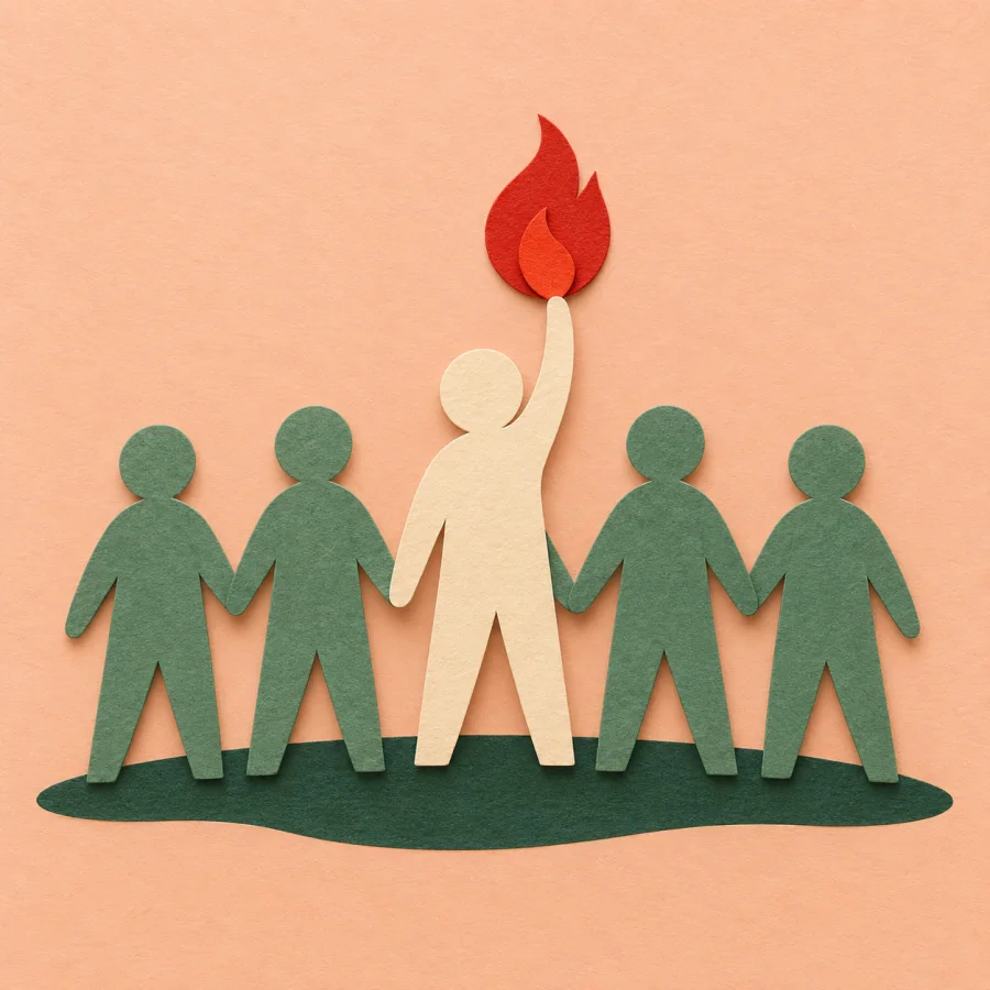 One figure in a row stands out holding a small flame