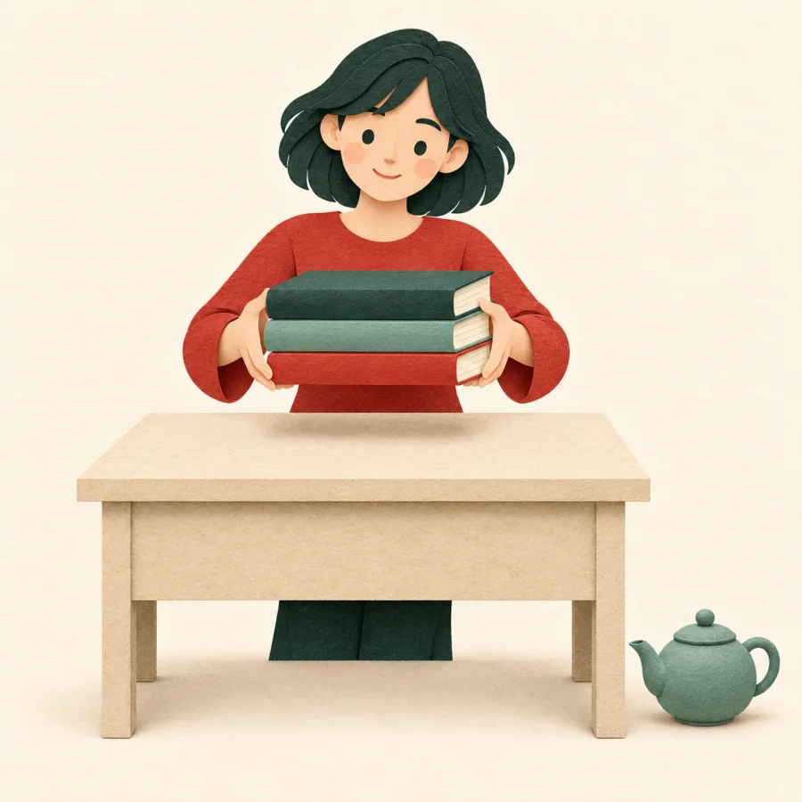 A person lifts a stack of books off a desk, clearing space