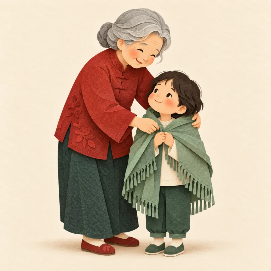 A grandmother tenderly wraps a shawl around a small child