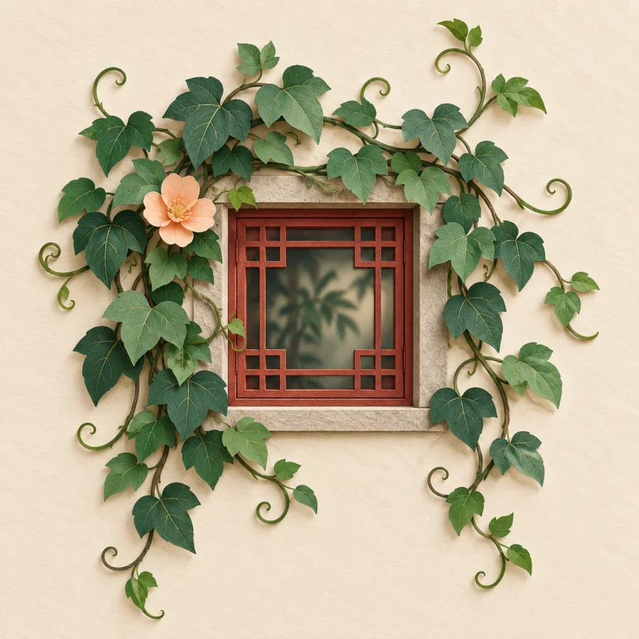 Jade-green vines climb a cream wall around a window