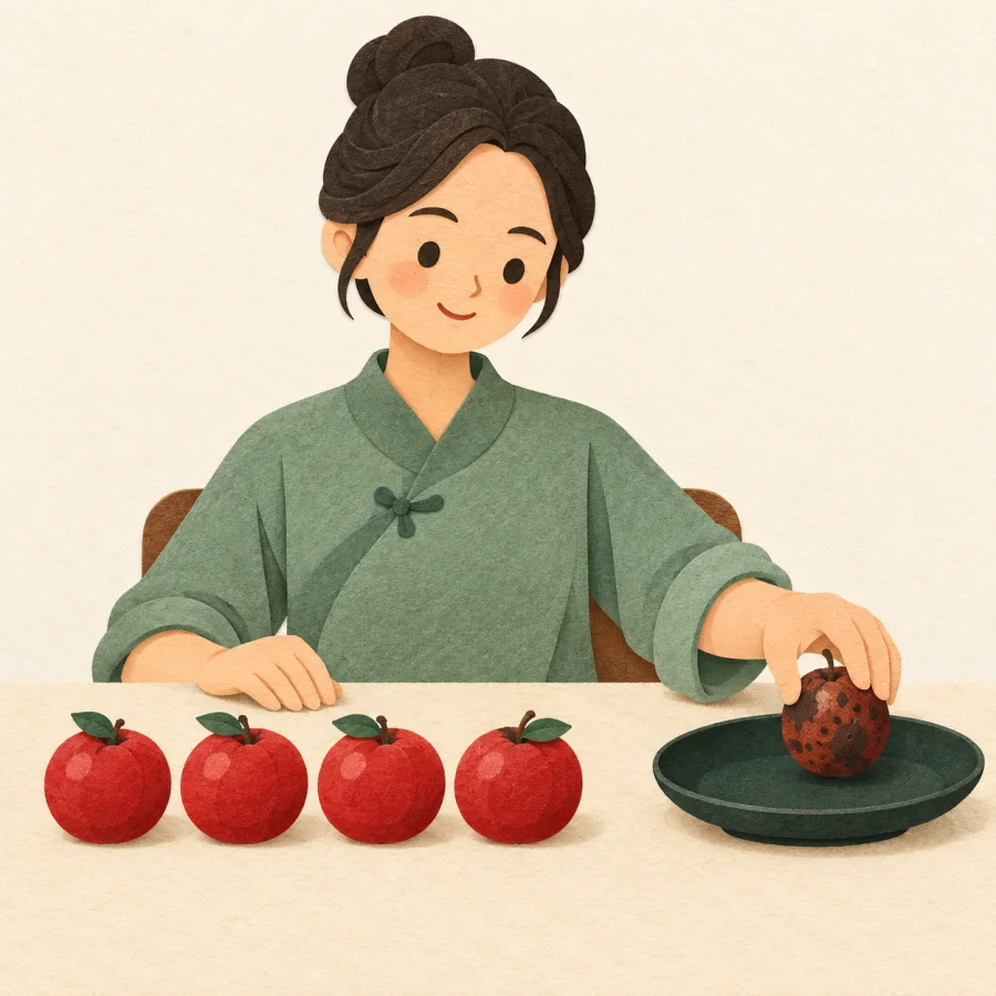 A person removes a spotted fruit from a row of ripe ones