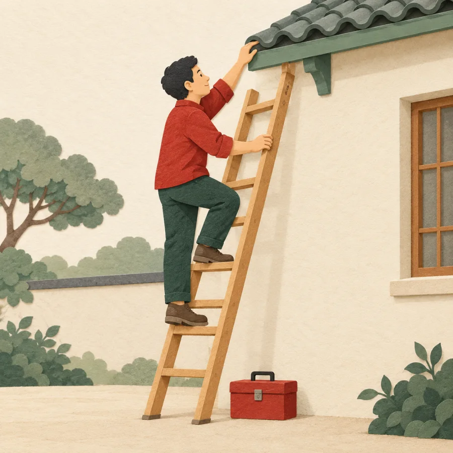 A person climbs a wooden ladder at a house wall