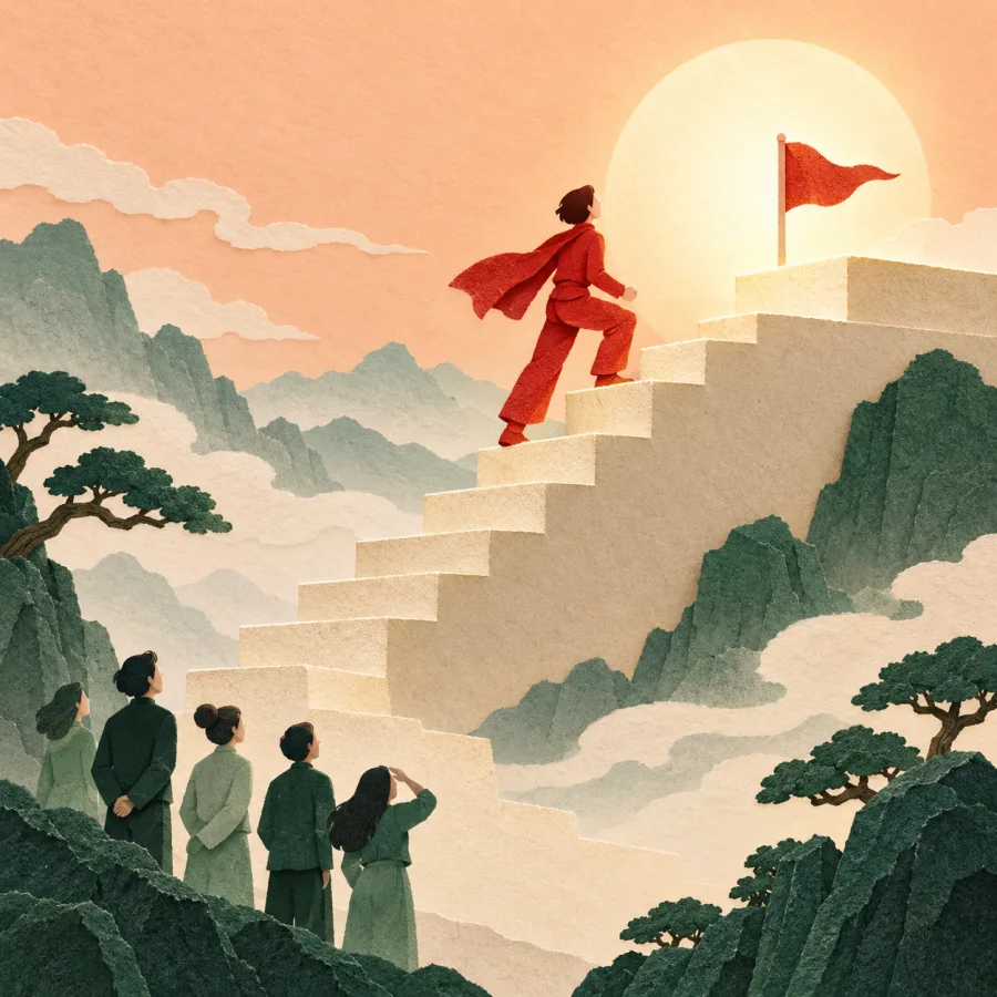 A figure ascends a staircase toward a raised platform