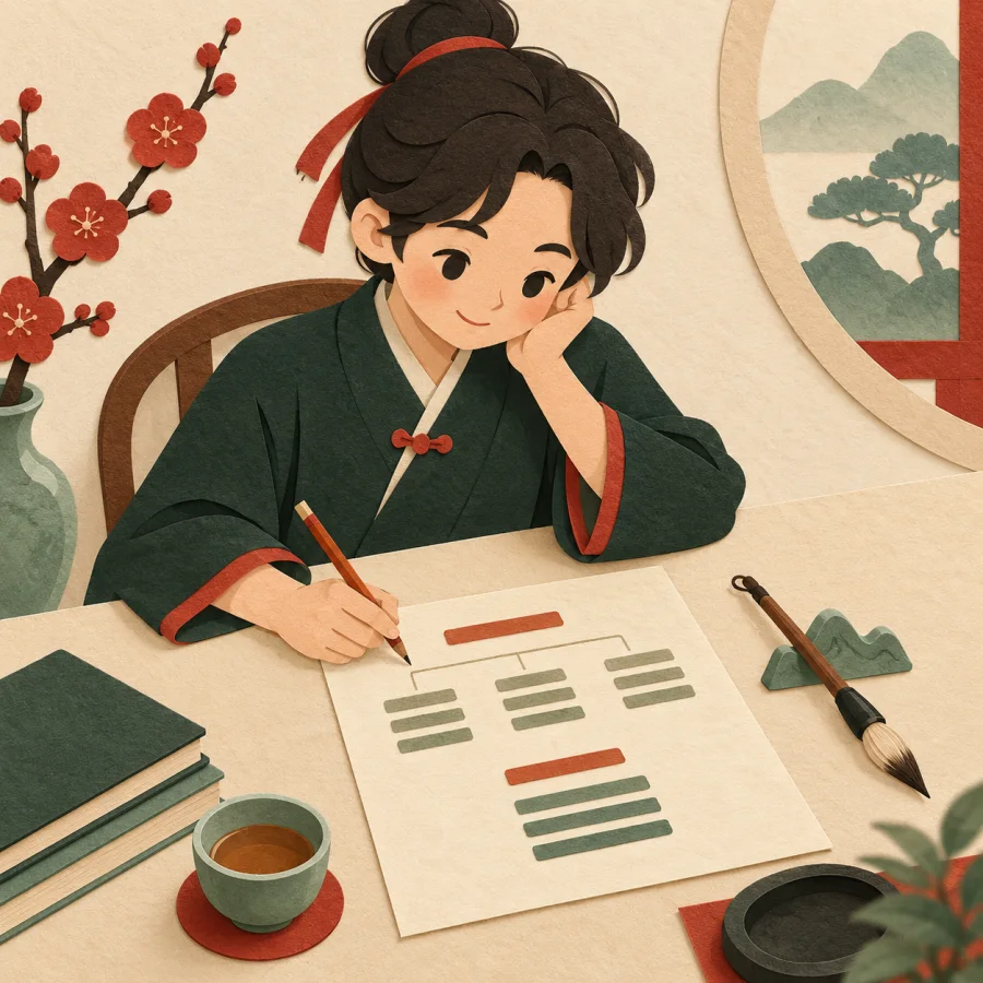 A person drafting an outline sheet at a writing desk.