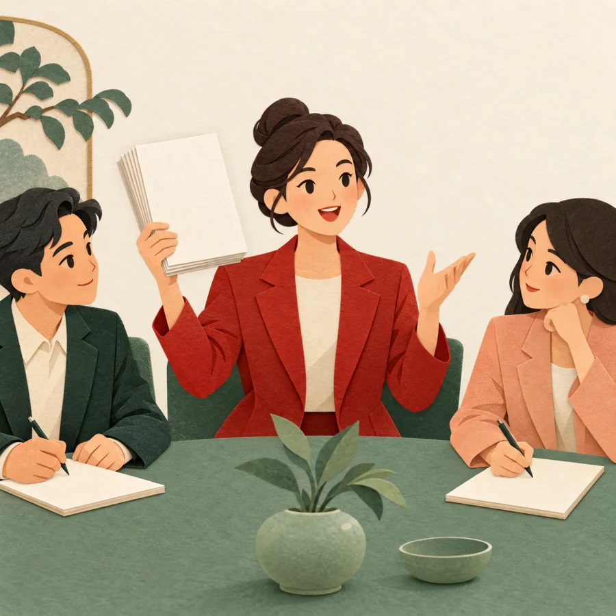 A speaker presents a report to listening colleagues at a table.