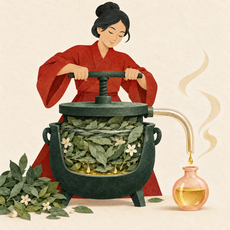 A person distilling golden oil into one small bottle.