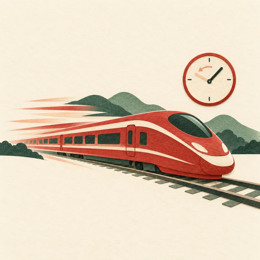 A fast red train rushing past with speed streaks.