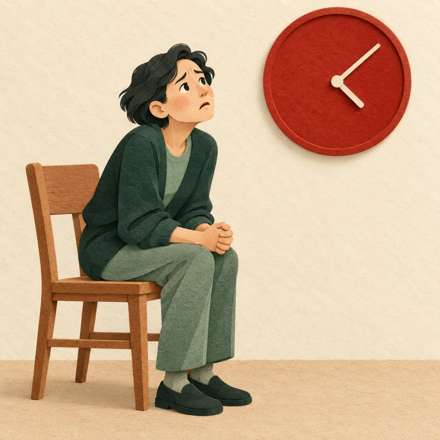 An anxious person perched on a chair edge, staring at a wall clock