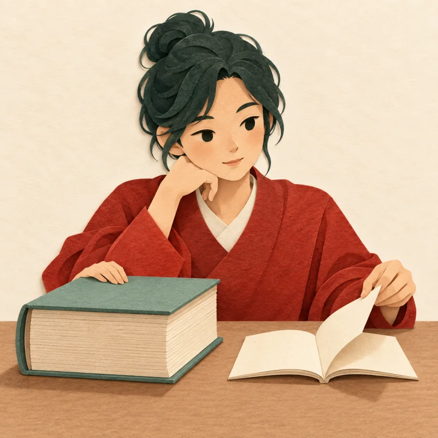 A student choosing between a thick novel and a thin poetry booklet