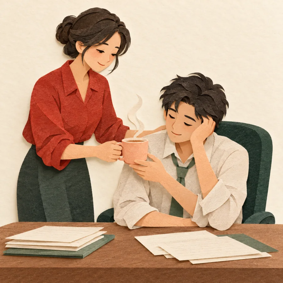 A colleague hands a warm cup to a tired worker at a desk