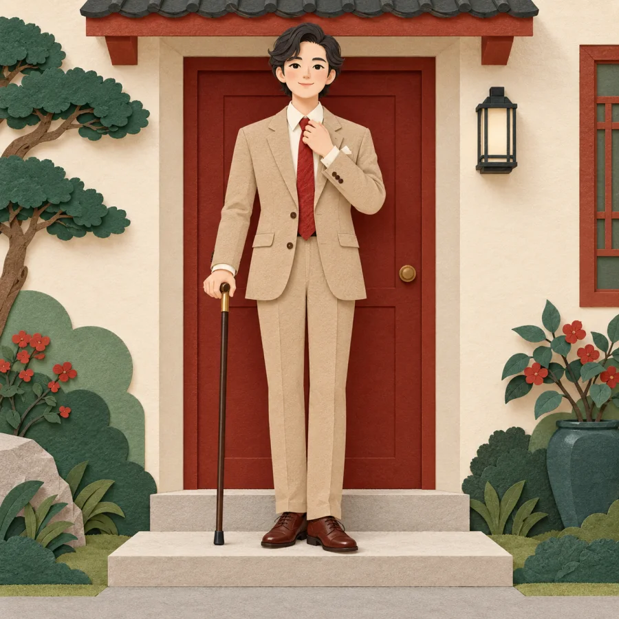 A neatly dressed person with a cane stands by a tidy house