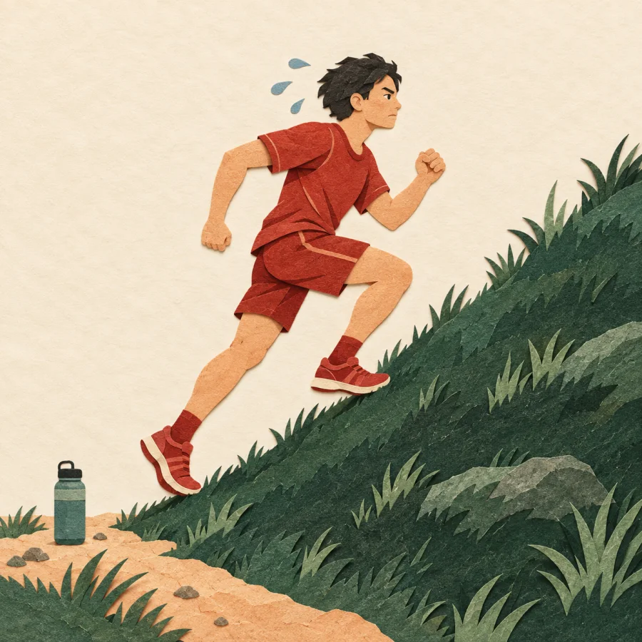 A person in red sportswear running up a hill