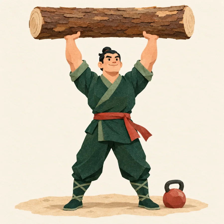 A strong person lifting a log overhead