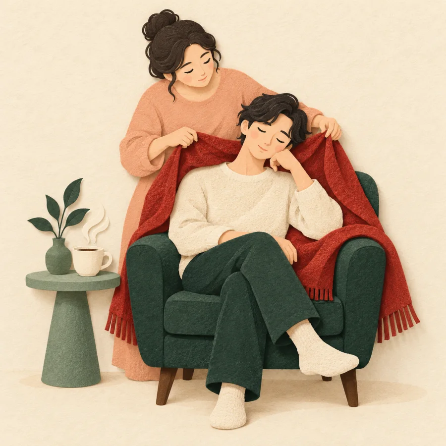 A person draping a blanket over a sleeping friend