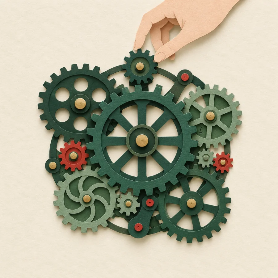 A hand adjusting a gear in a large clockwork