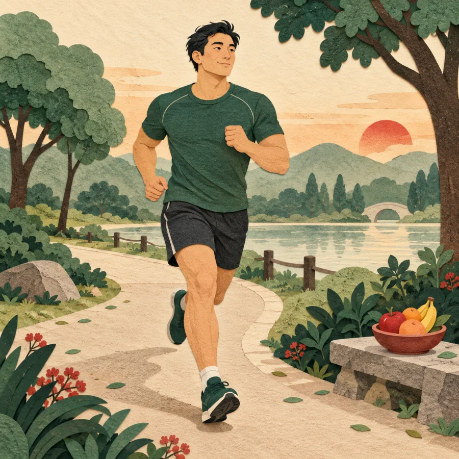 A sturdy runner jogs in a morning park with a bowl of fruit nearby