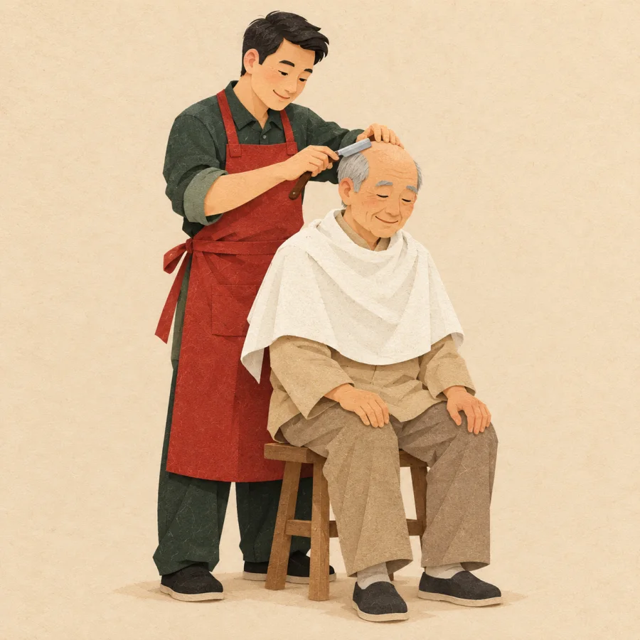 A barber shaves the head of a seated older man with a towel over his shoulders