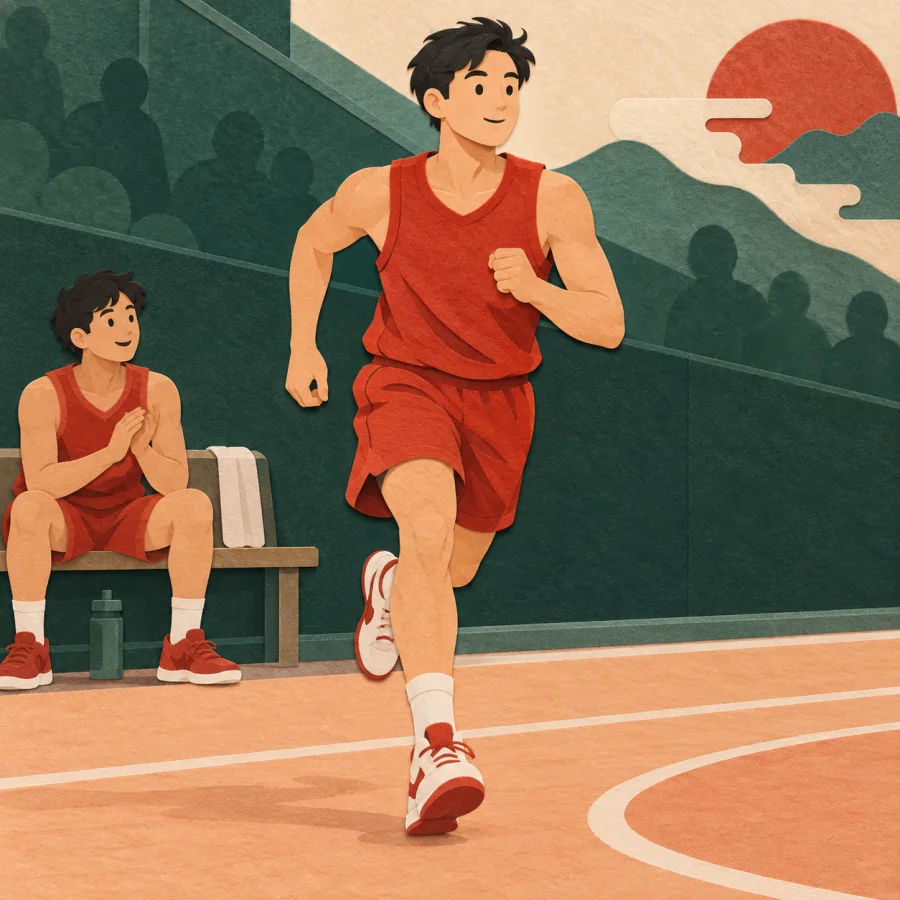 A substitute player rises from the bench and steps onto the court
