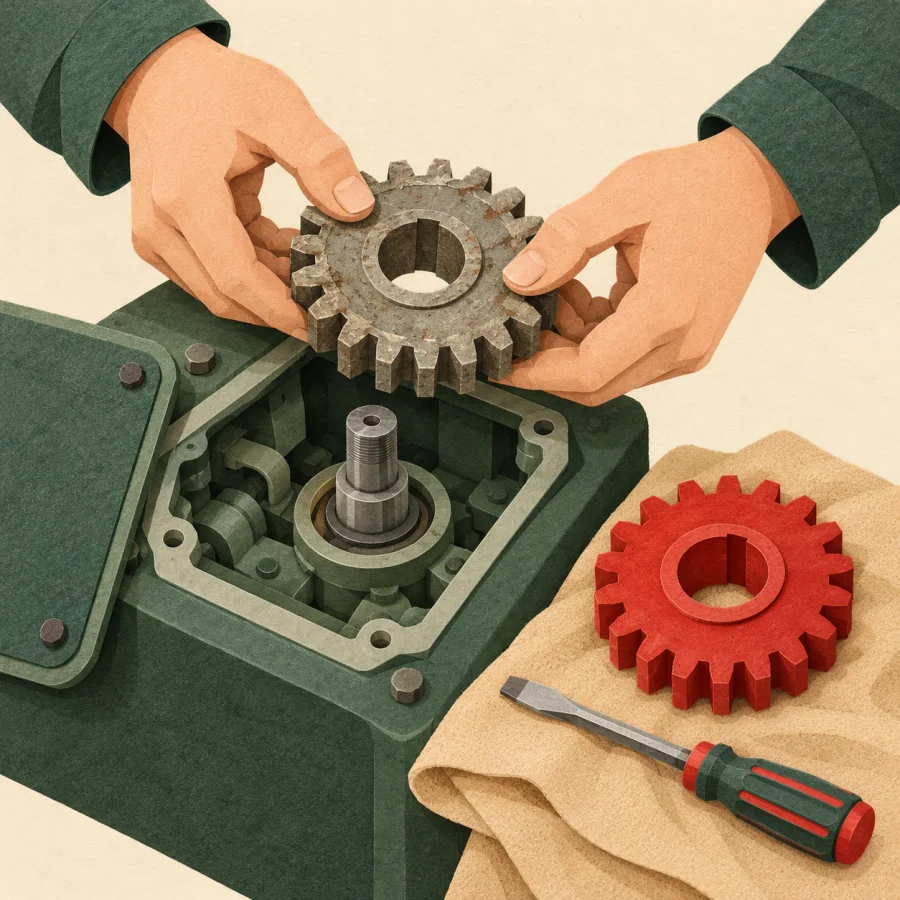 A technician swaps an old gear for a new cinnabar red one