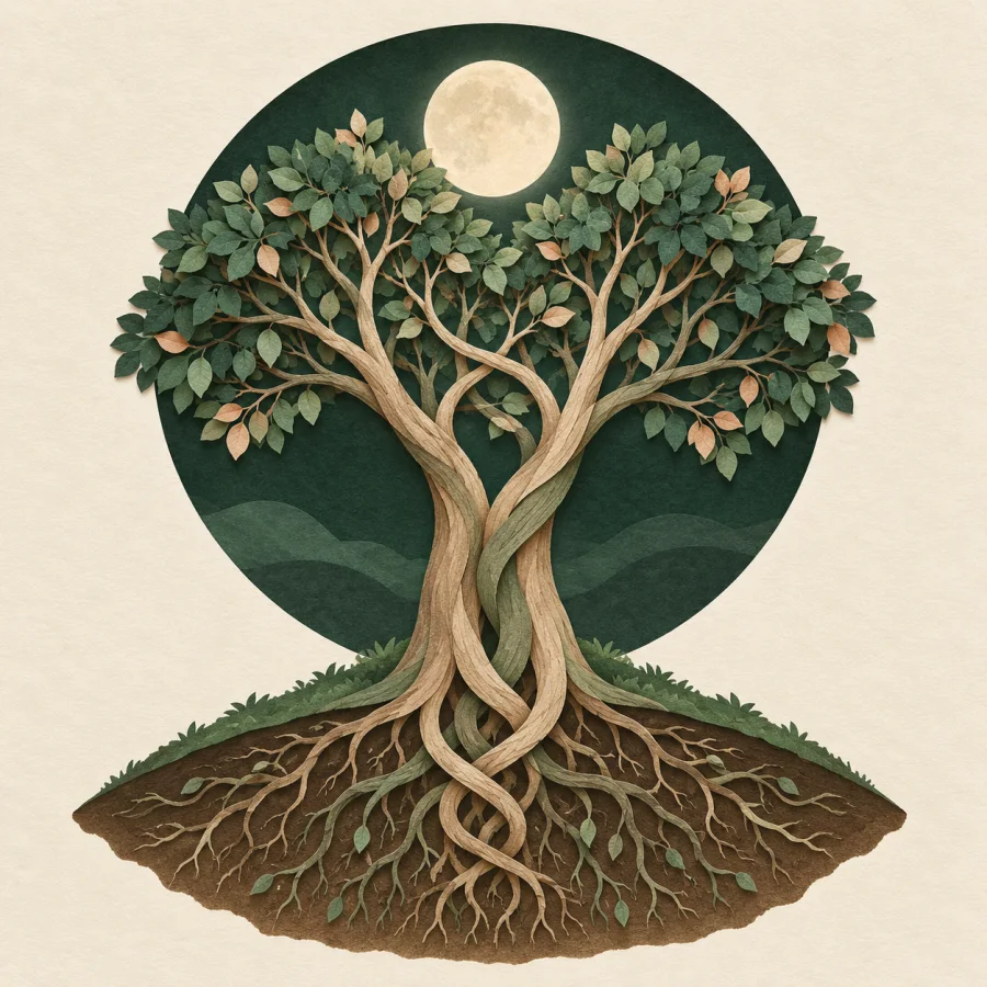 Two trees with intertwined branches stand on a hill under a full moon