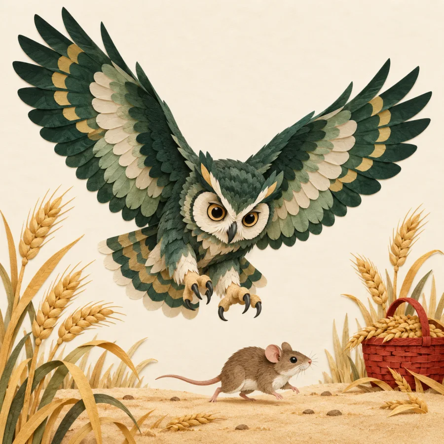 An owl swoops down on a mouse in a sandy wheat field