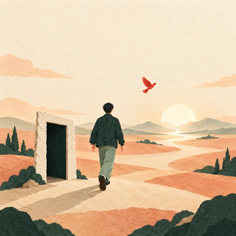 A person steps from a doorway into vast open fields under a huge sky