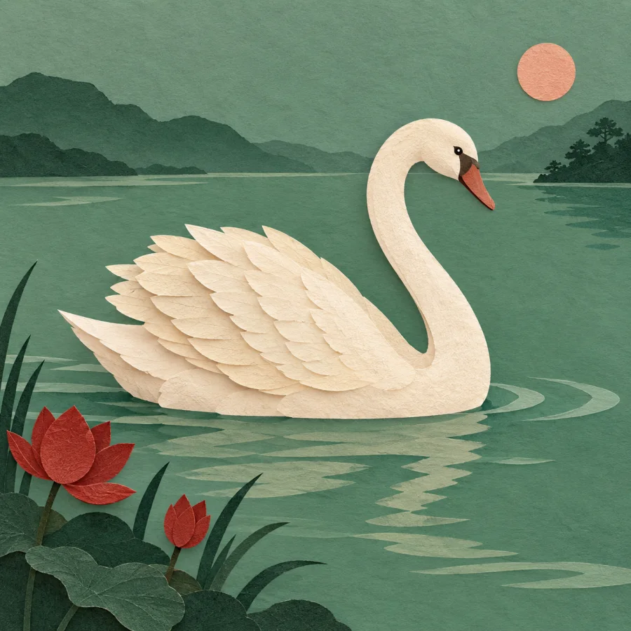 A cream swan glides across a jade lake near red water plants