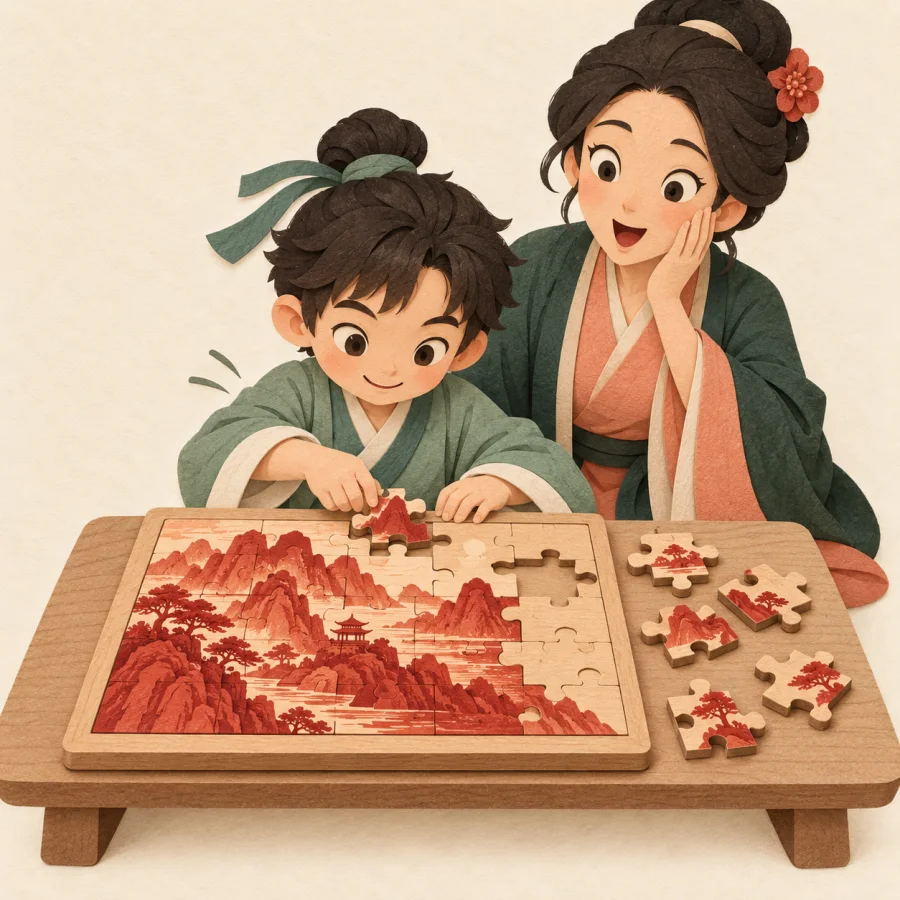 A child rapidly assembles a complex puzzle while an adult watches in amazement