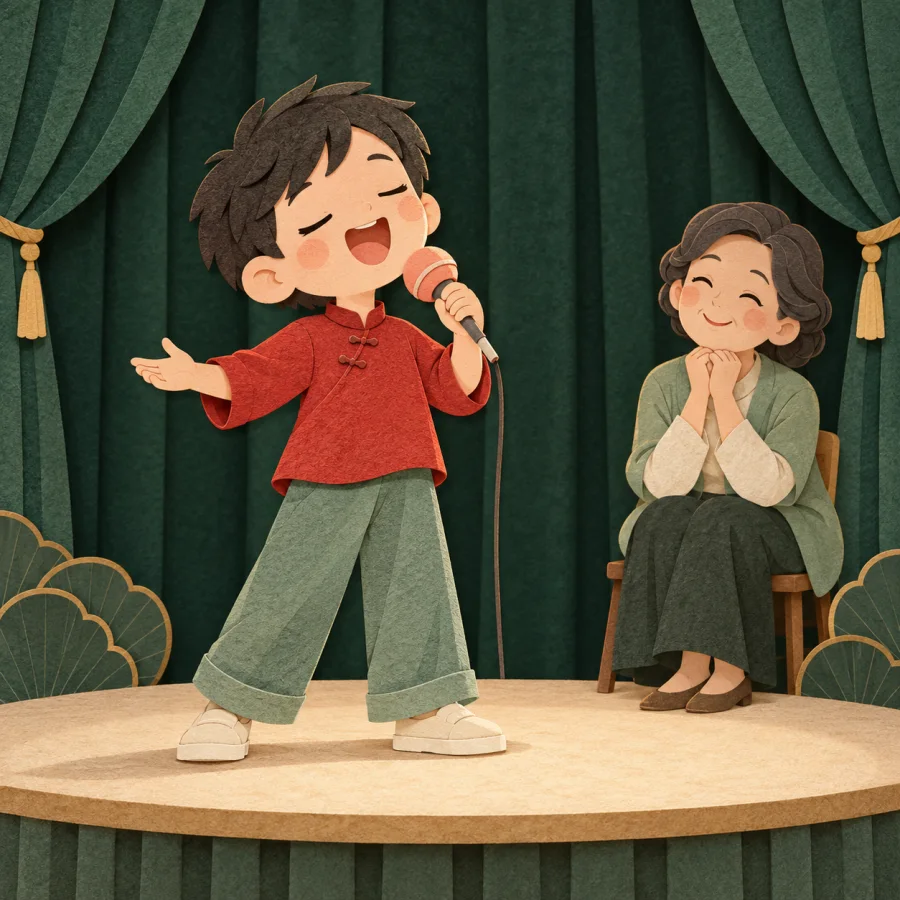 A child sings joyfully on a small stage as a teacher listens delighted