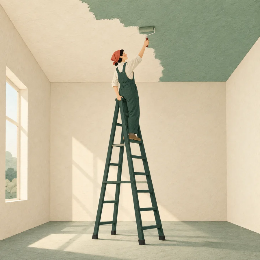 A person on a ladder paints the ceiling of an empty room