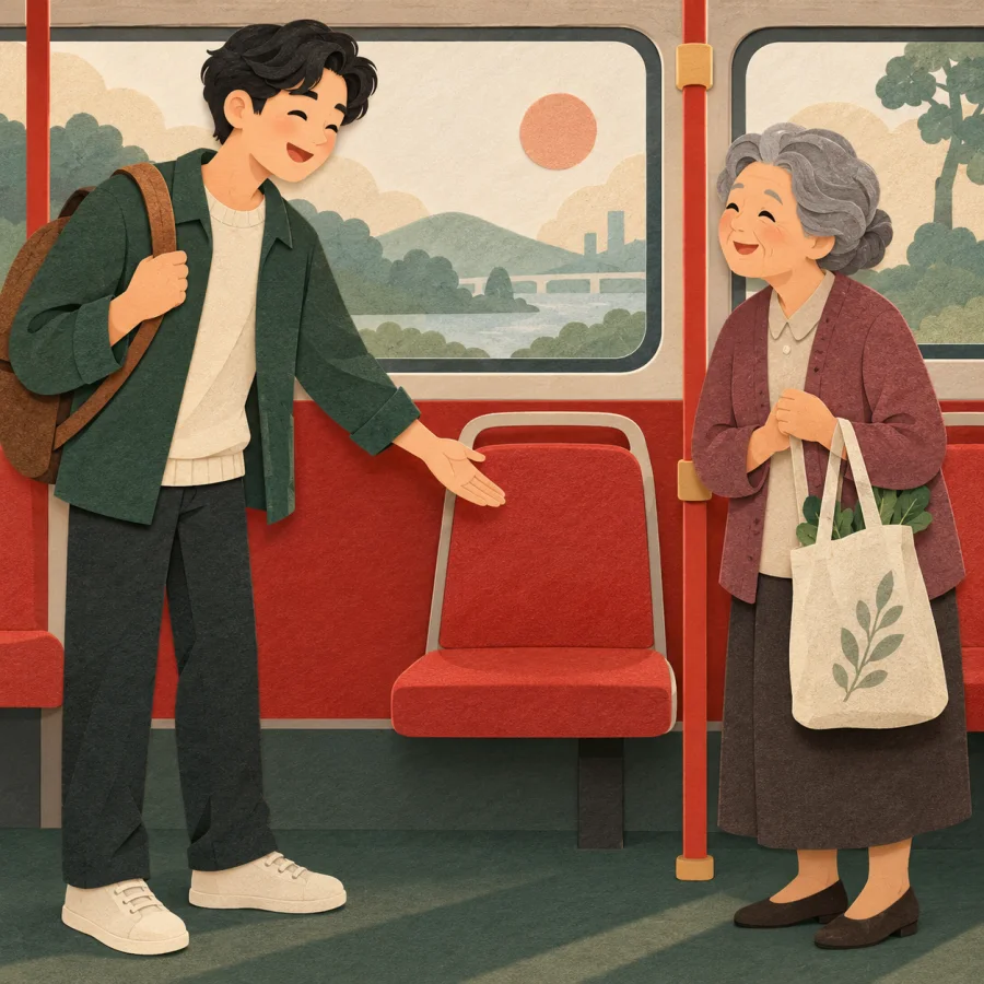 A young person offers a bus seat to an elderly woman