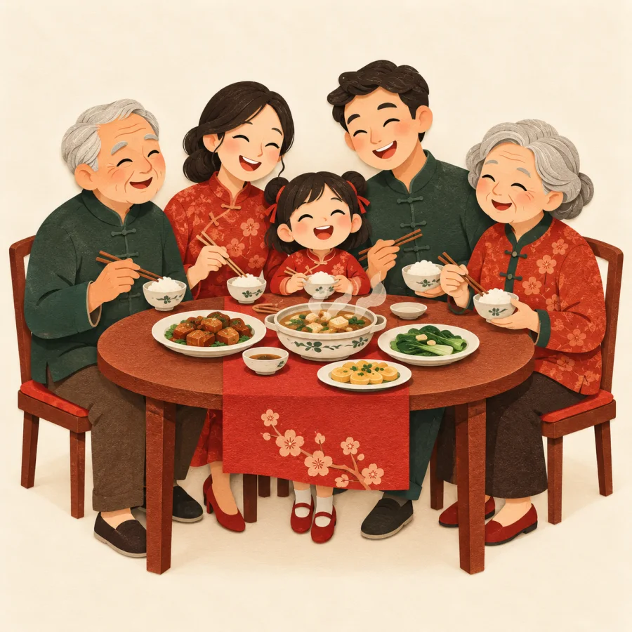 Three generations of a family share a meal at a round table