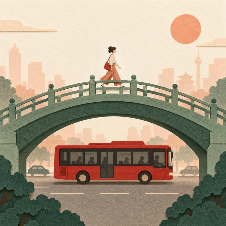 A person crosses a footbridge over a street with a bus below