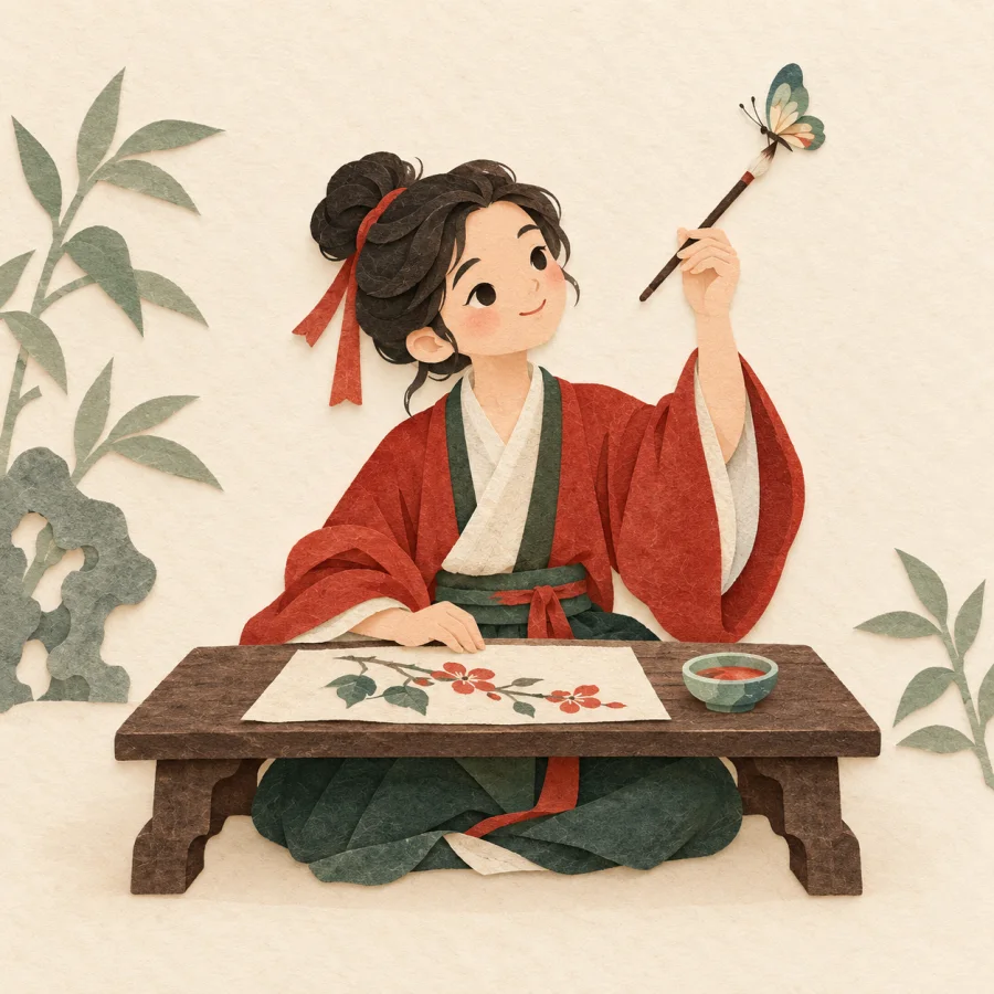 A person paints at ease with a butterfly resting on the brush