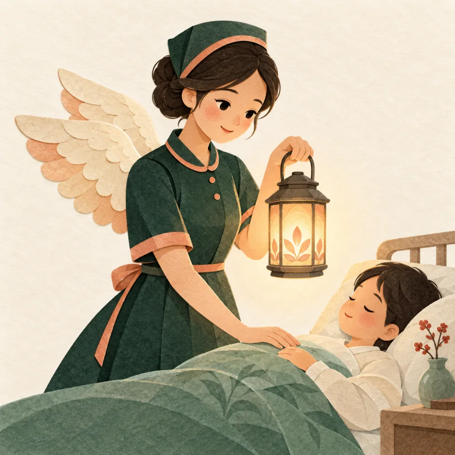 A winged nurse with a lantern tends to a resting patient
