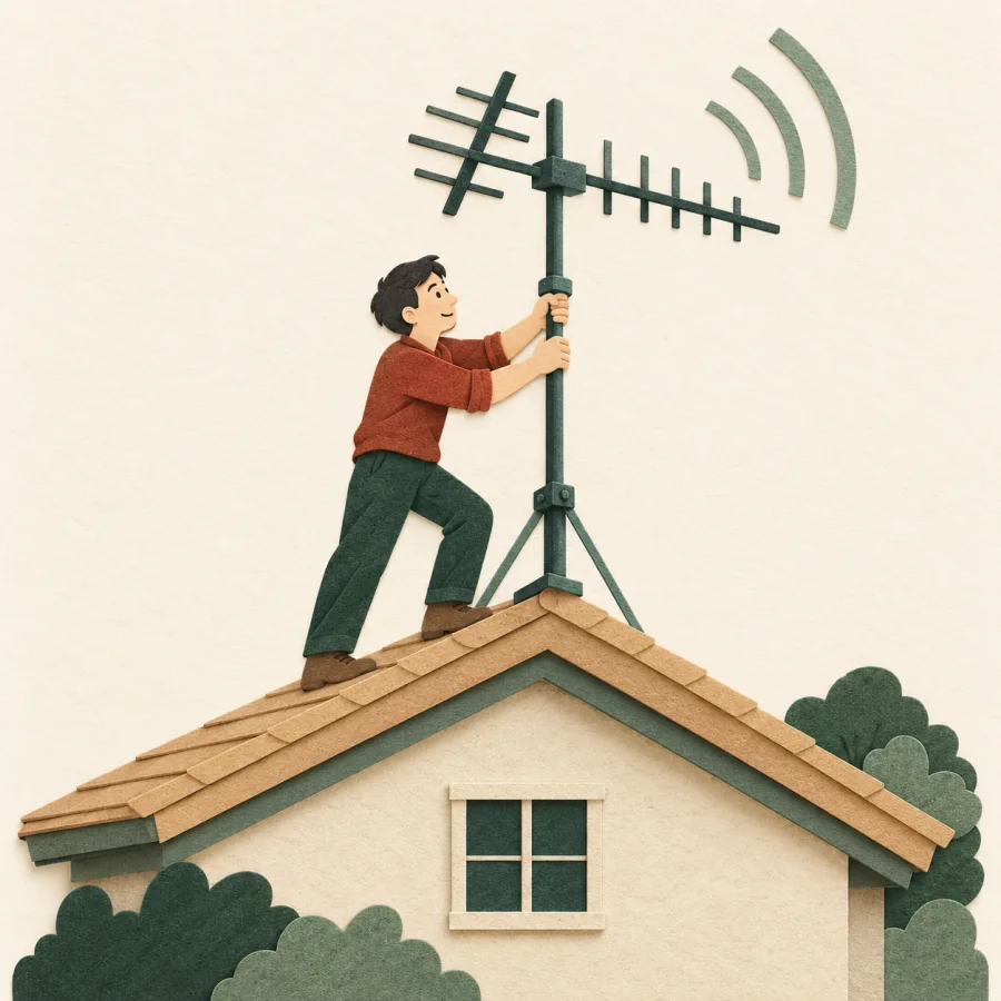 A person adjusts an antenna on a rooftop with signal waves