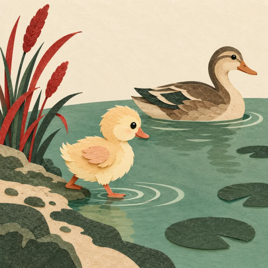 A duckling instinctively follows its mother into a pond