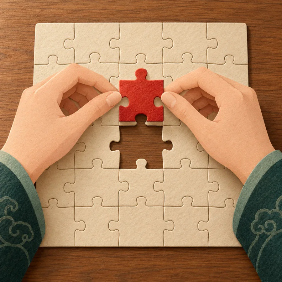 Hands place a red puzzle piece into the last gap of a jigsaw