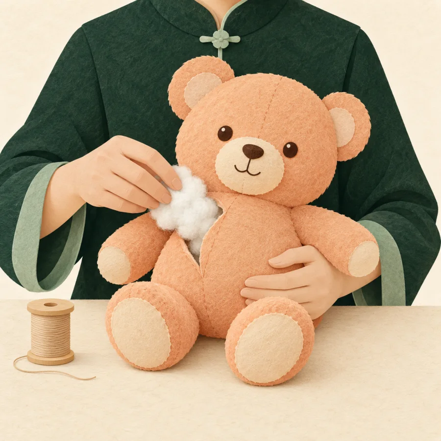 A person stuffs cotton into an opening of a plush bear