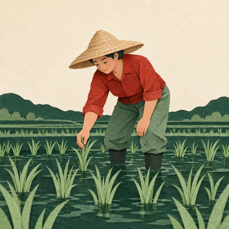 A farmer checks young seedlings in a green rice field