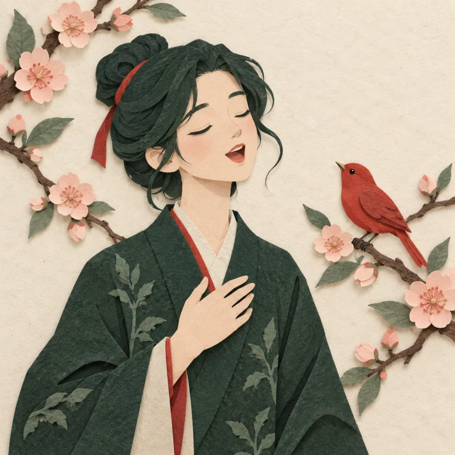 A person singing among peach blossoms with a bird nearby