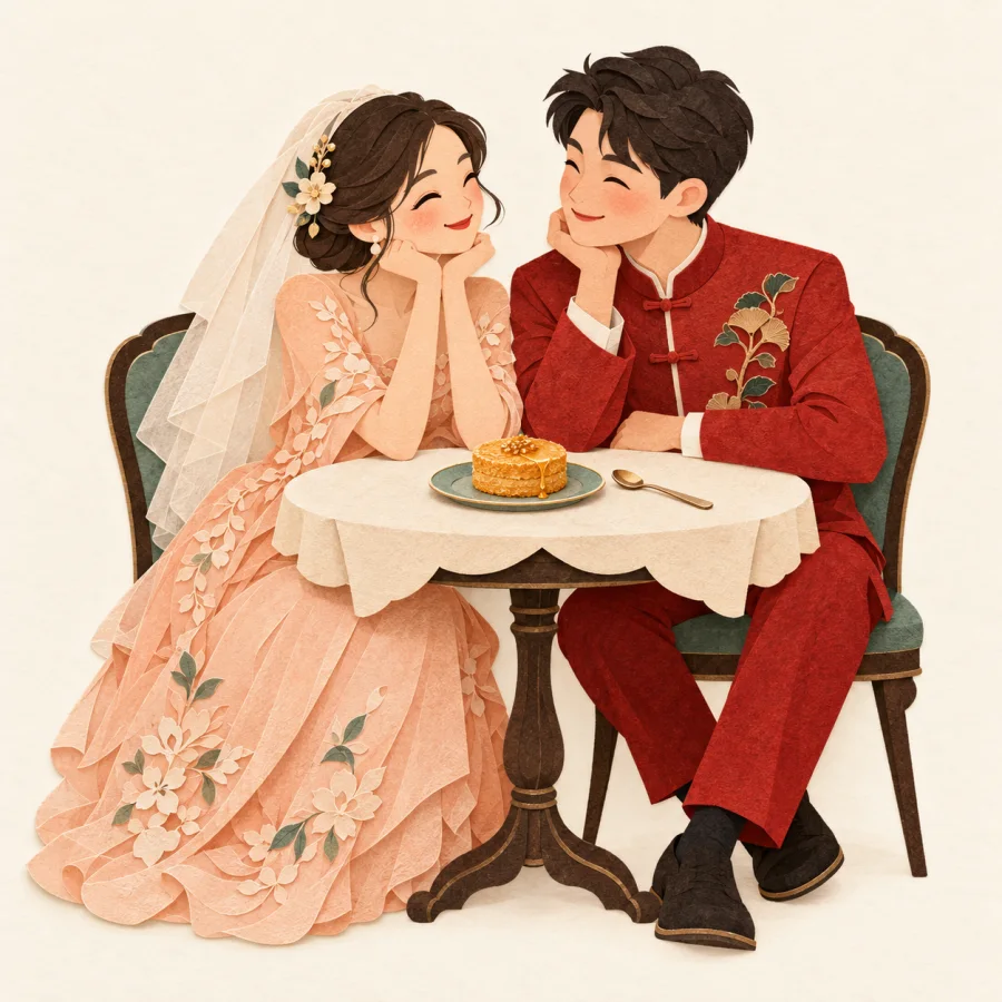 A newlywed couple sharing one dessert at a table