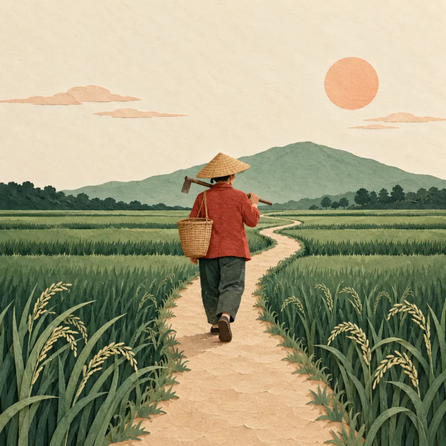 A farmer walking through wide green fields