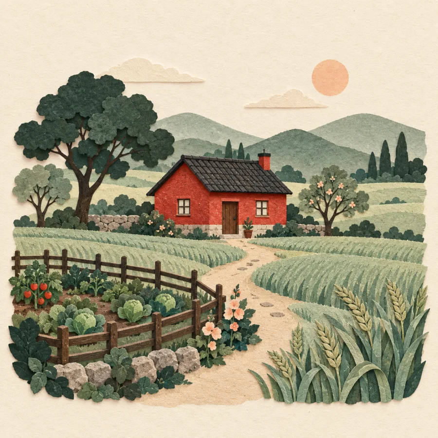A cottage amid wheat fields, hills and green trees